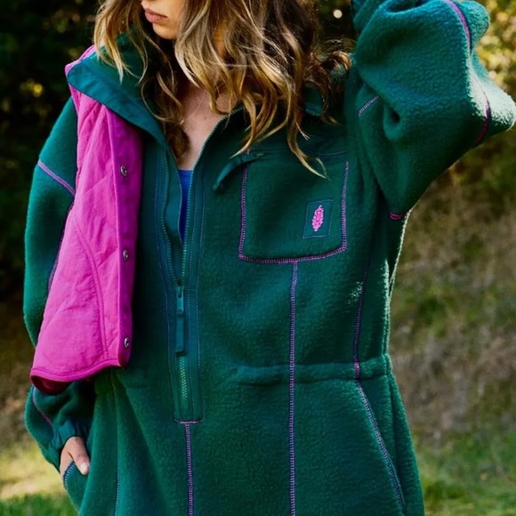 Free People Hit The Slopes Fleece Jumpsuit Emerald Green Pink Zipper - Picture 4 of 8